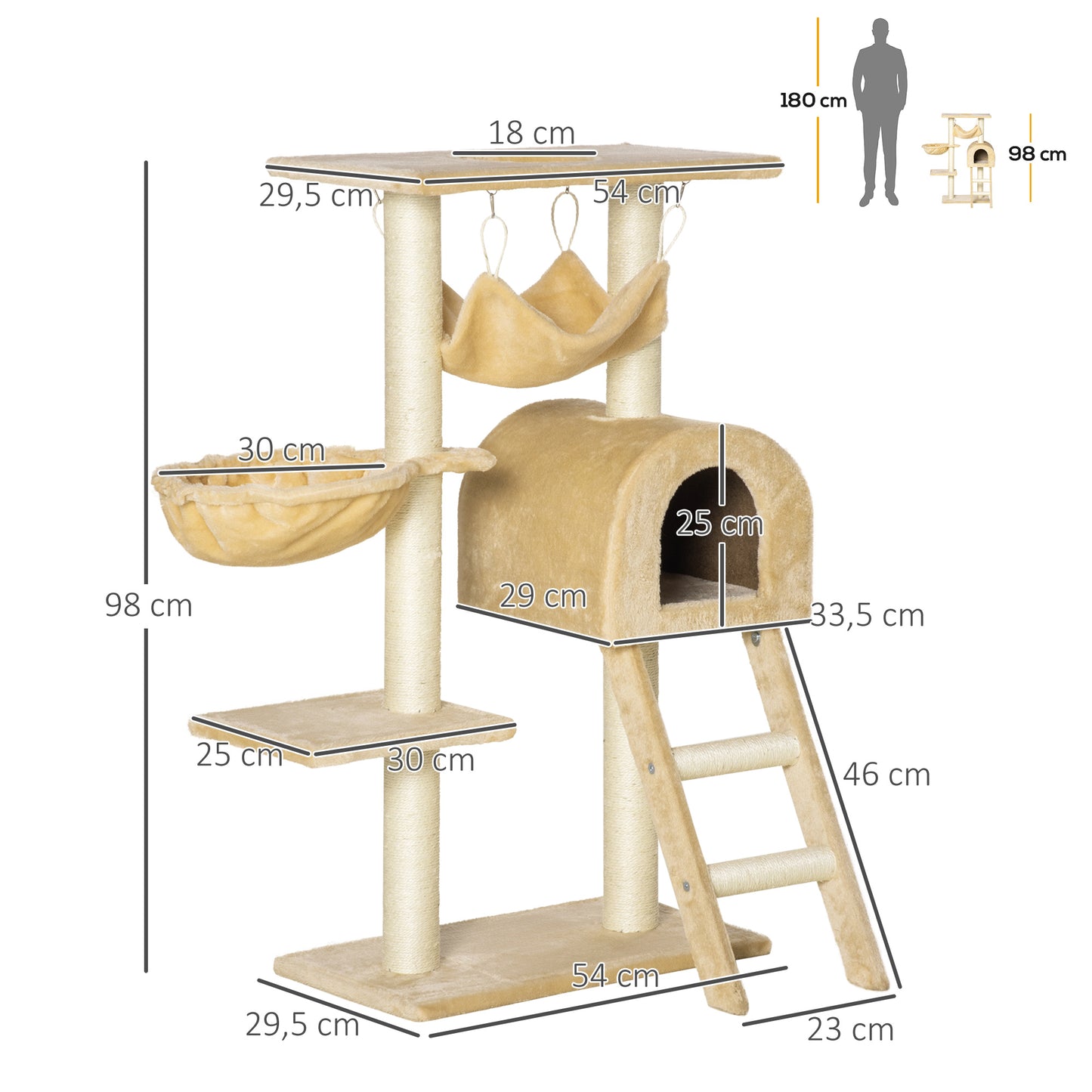 Pawhut Árbol Rascador Para Gatos 98 Cm Con Cueva Hamaca Escalera Postes De Sisal_2