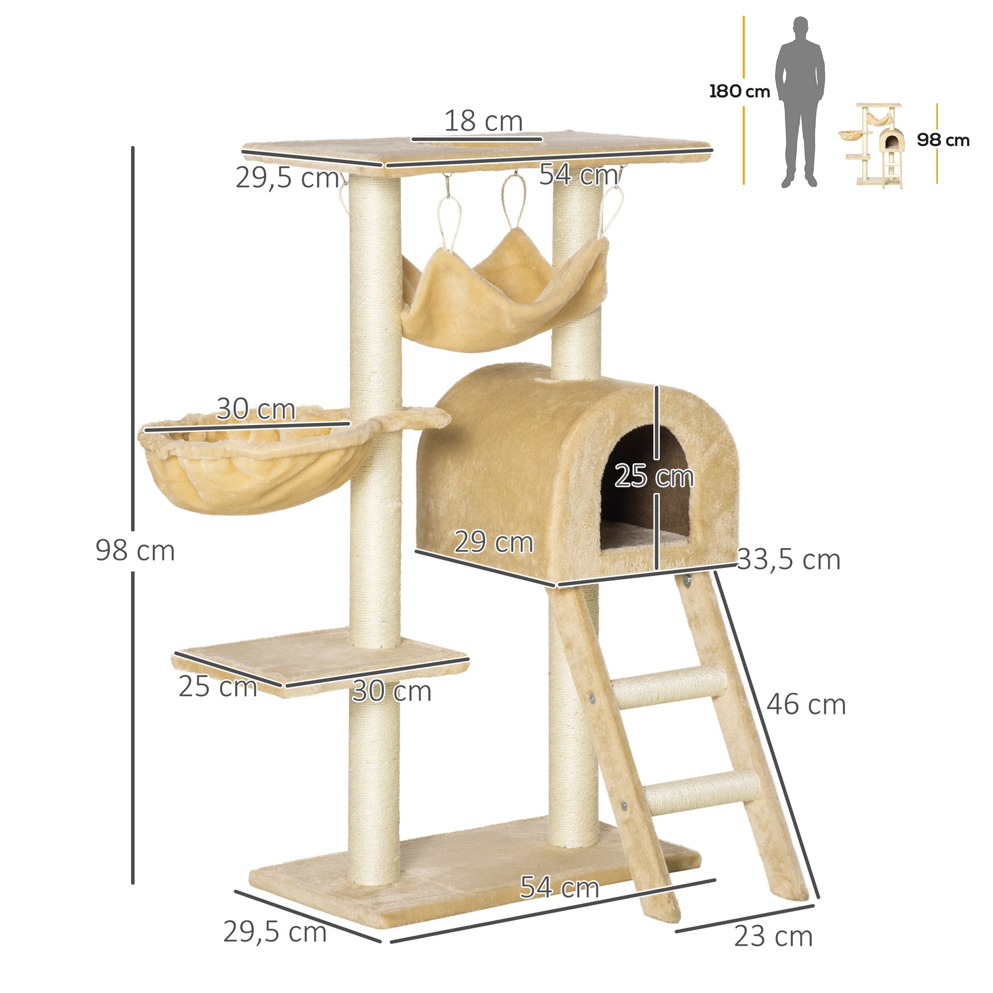 Pawhut Árbol Rascador Para Gatos 98 Cm Con Cueva Hamaca Escalera Postes De Sisal_2