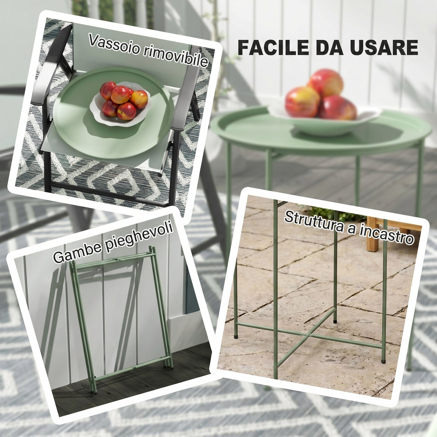 Outsunny Mesa Auxiliar Exterior Redonda Con Bandeja Extraíble Ø46x53 Cm Verde_3