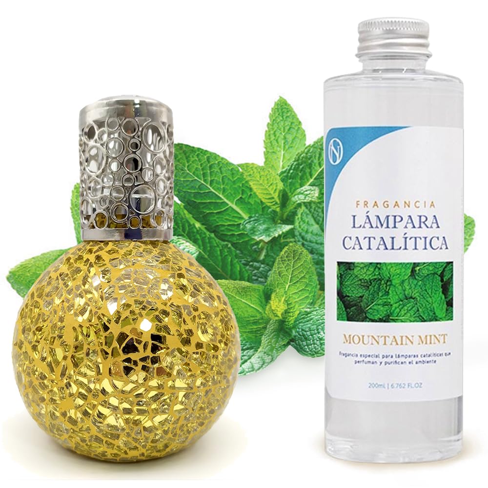 Lámpara Catalítica Mosaico Dorado + Aroma Mountain Mint 200ml - Elimina Malos Olores, Impurezas Y Perfuma_0
