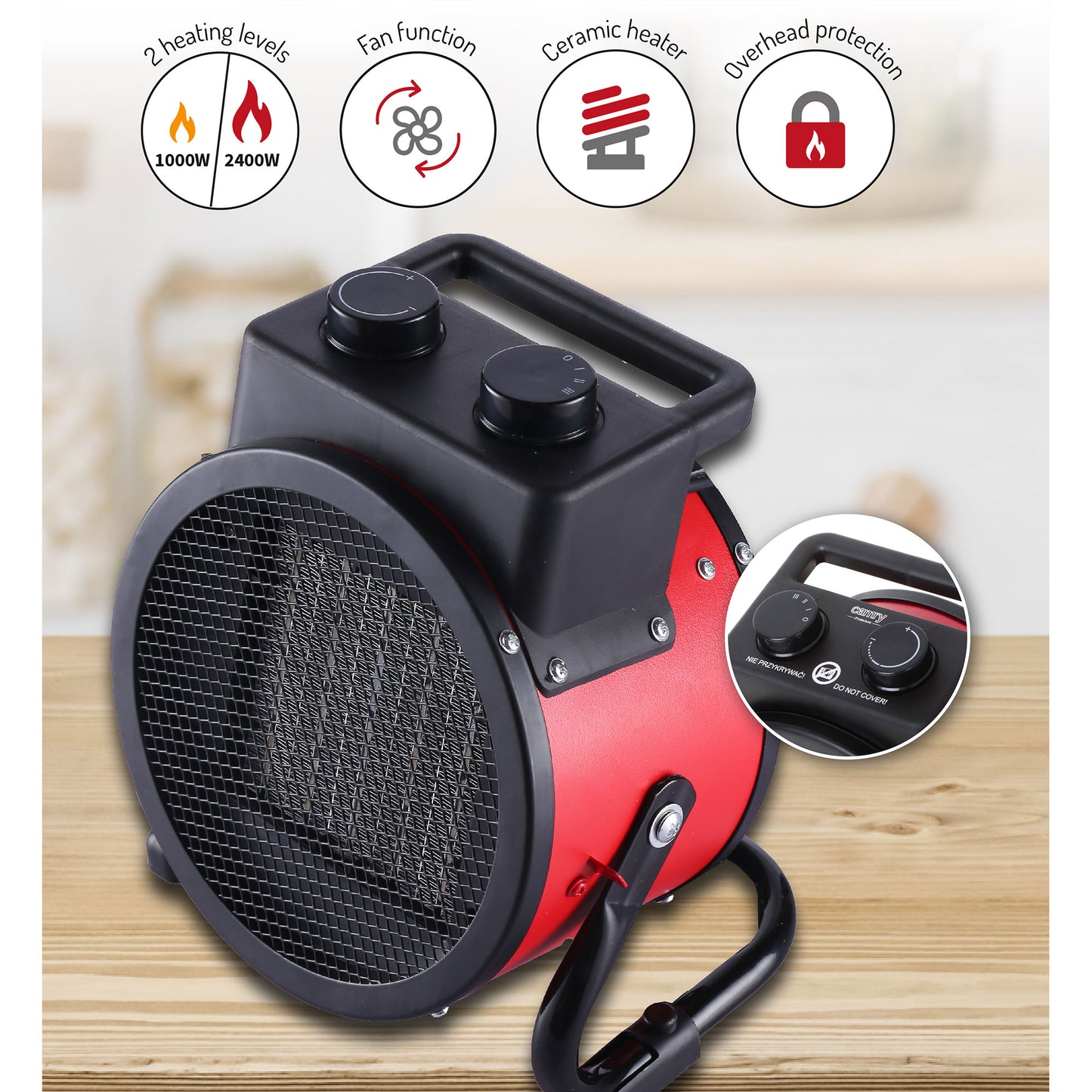 Calefactor Cerámico Termoventilador Portátil, 2 Niveles Potencia Termostato Automático, Moderno, Briebe, Ht1130, Negro/rojo_3