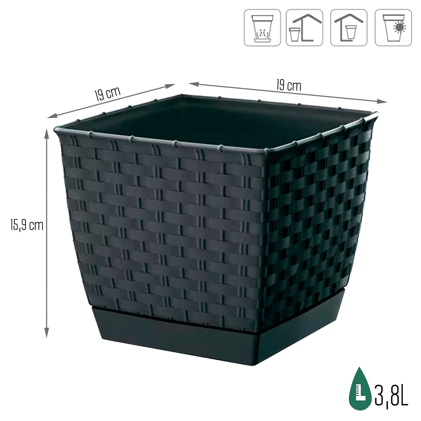Maceta Ratolla Square 3,8l., Dimensiones (mm) 190x190x159, Color Antracita_2
