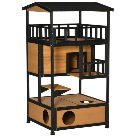 Pawhut Casa Para Gatos De Madera 75,5x75x137 Cm Con Techo Asfáltico Natural_0