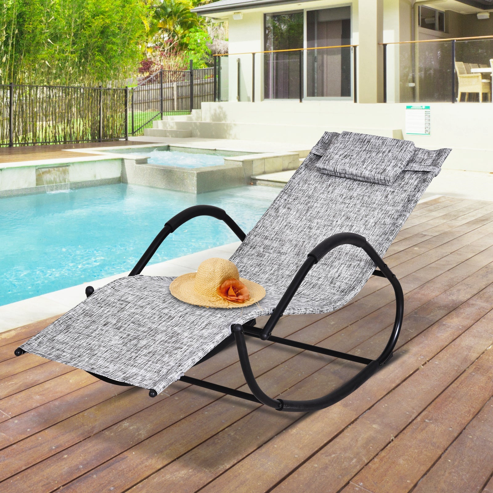Outsunny Tumbona Para Jardín Mecedora Con Reposabrazos Para Exterior Gris_1