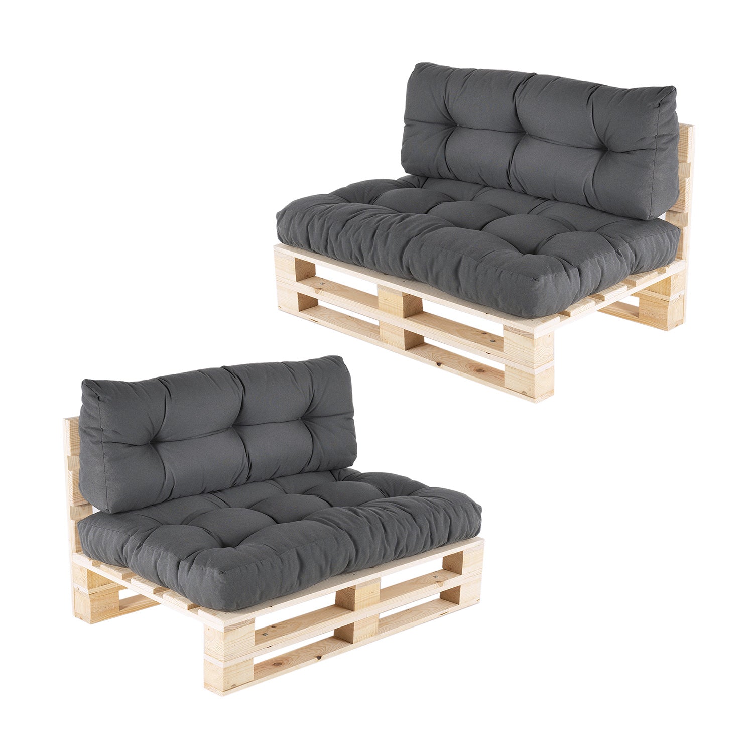 Pack 2 Sofás Para Palets + 2 Cojín De Asiento 80x120x16 Cm + 2 Cojín Respaldo 42x120x16 Cm, Olefin Color Gris, Repelente Al Agua_0