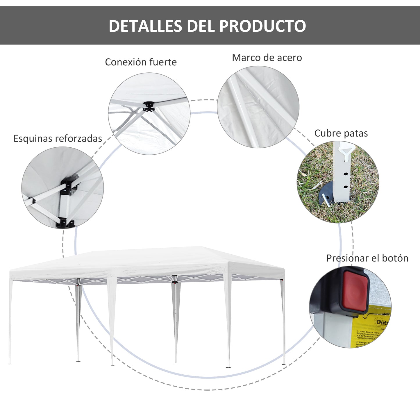 Outsunny Carpa Plegable 6x3 M Con Altura Ajustable En 3 Niveles Blanco_5
