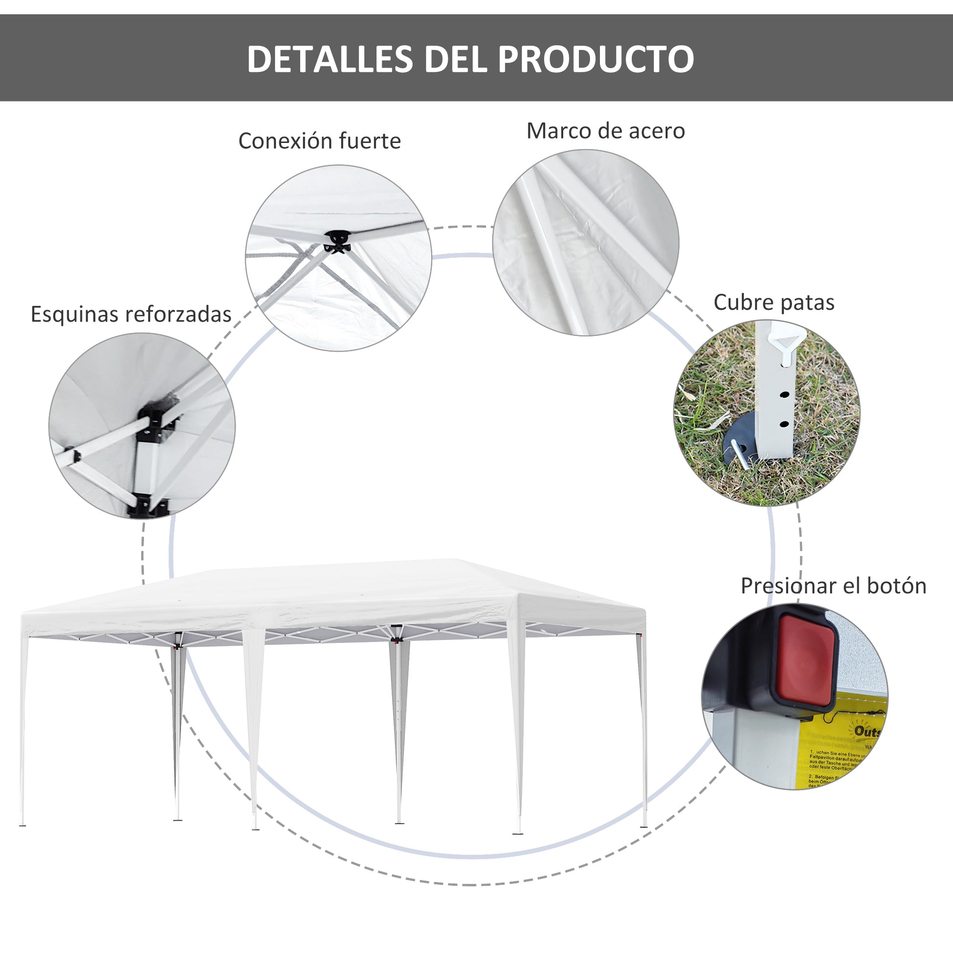 Outsunny Carpa Plegable 6x3 M Con Altura Ajustable En 3 Niveles Blanco_5