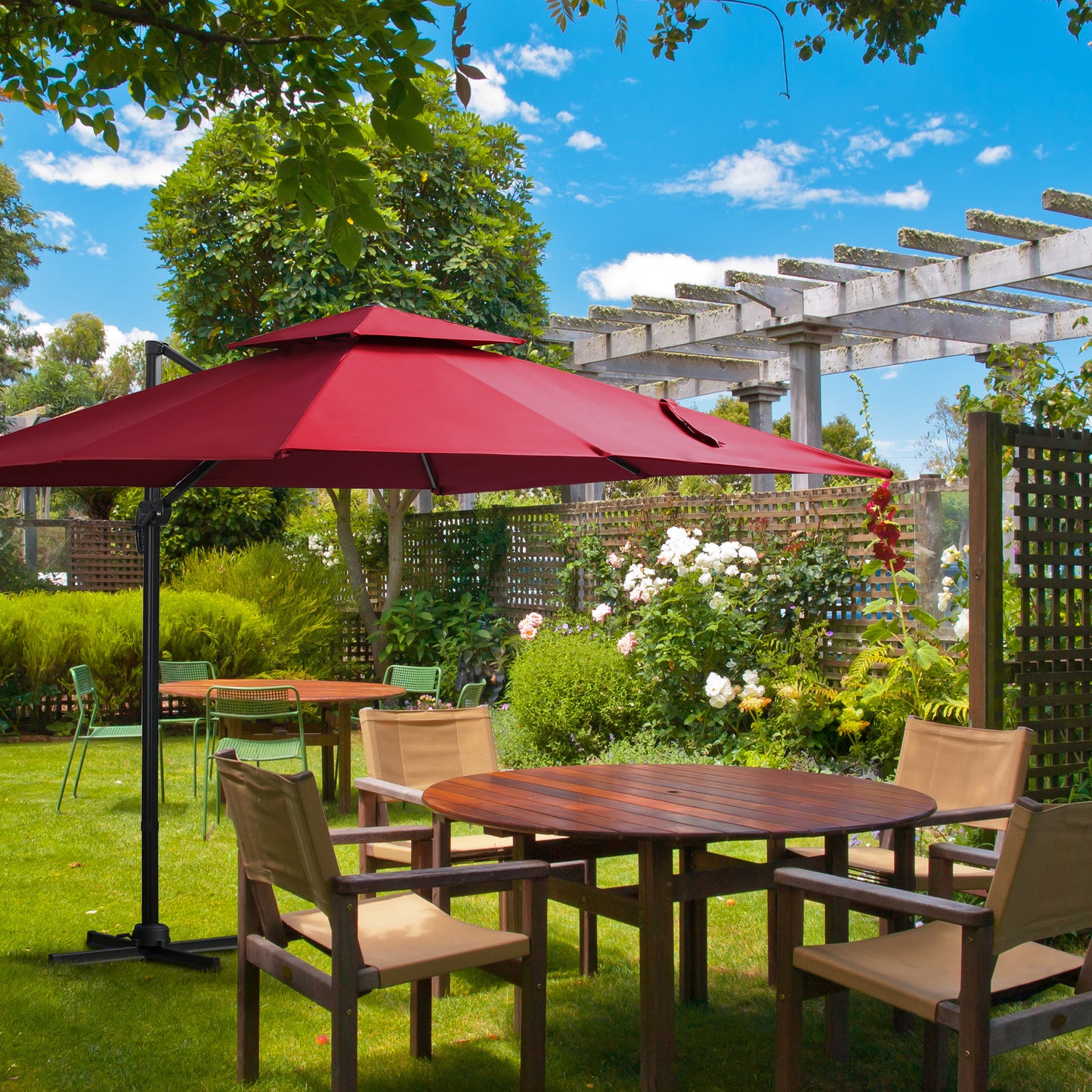 Outsunny Sombrilla De Jardín Ø300 Cm Aluminio Giratorio 360° Con Manivela Rojo_1