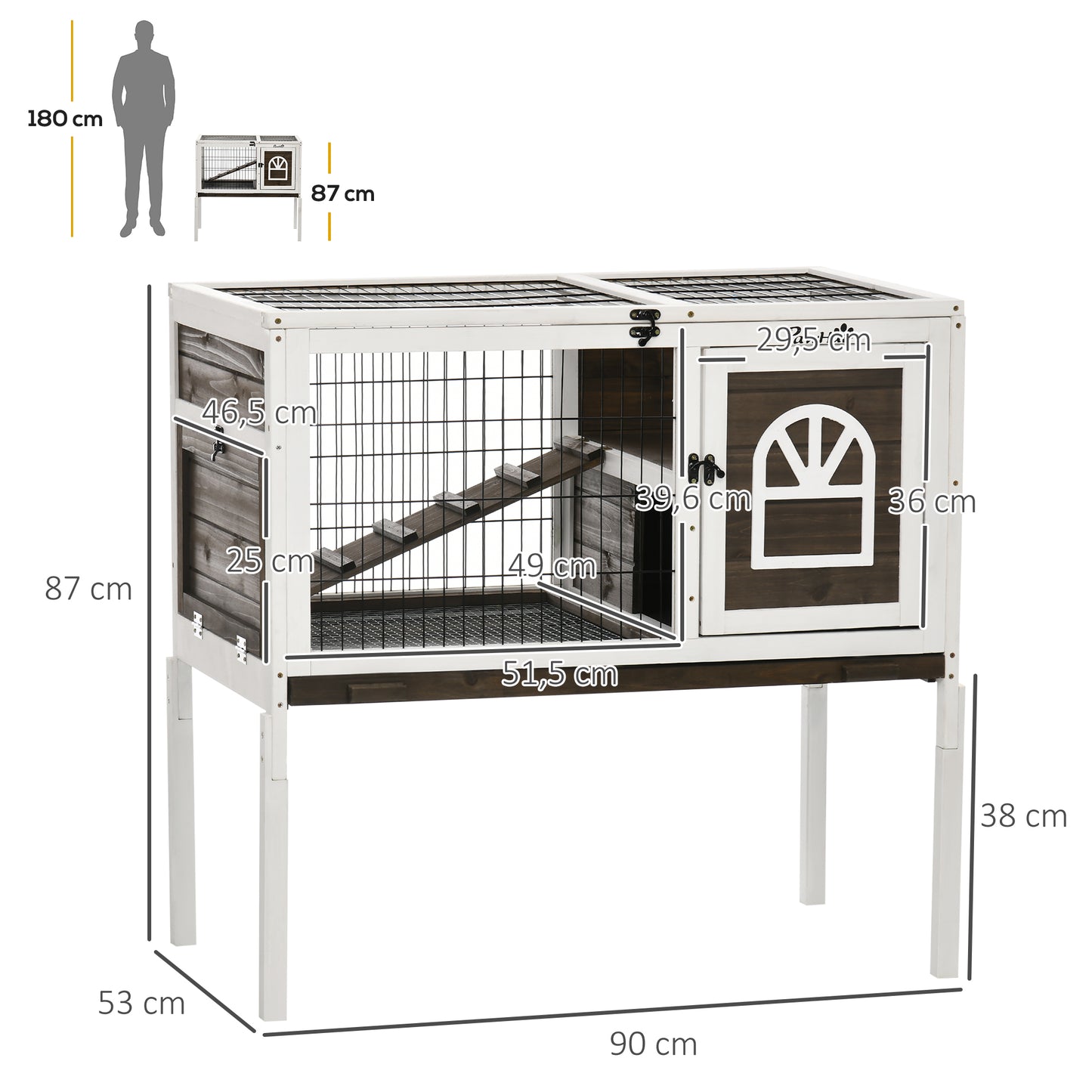 Pawhut Conejera De Madera Con Techo Abatible Puertas 90x53x87 Cm Marrón Y Blanco_2
