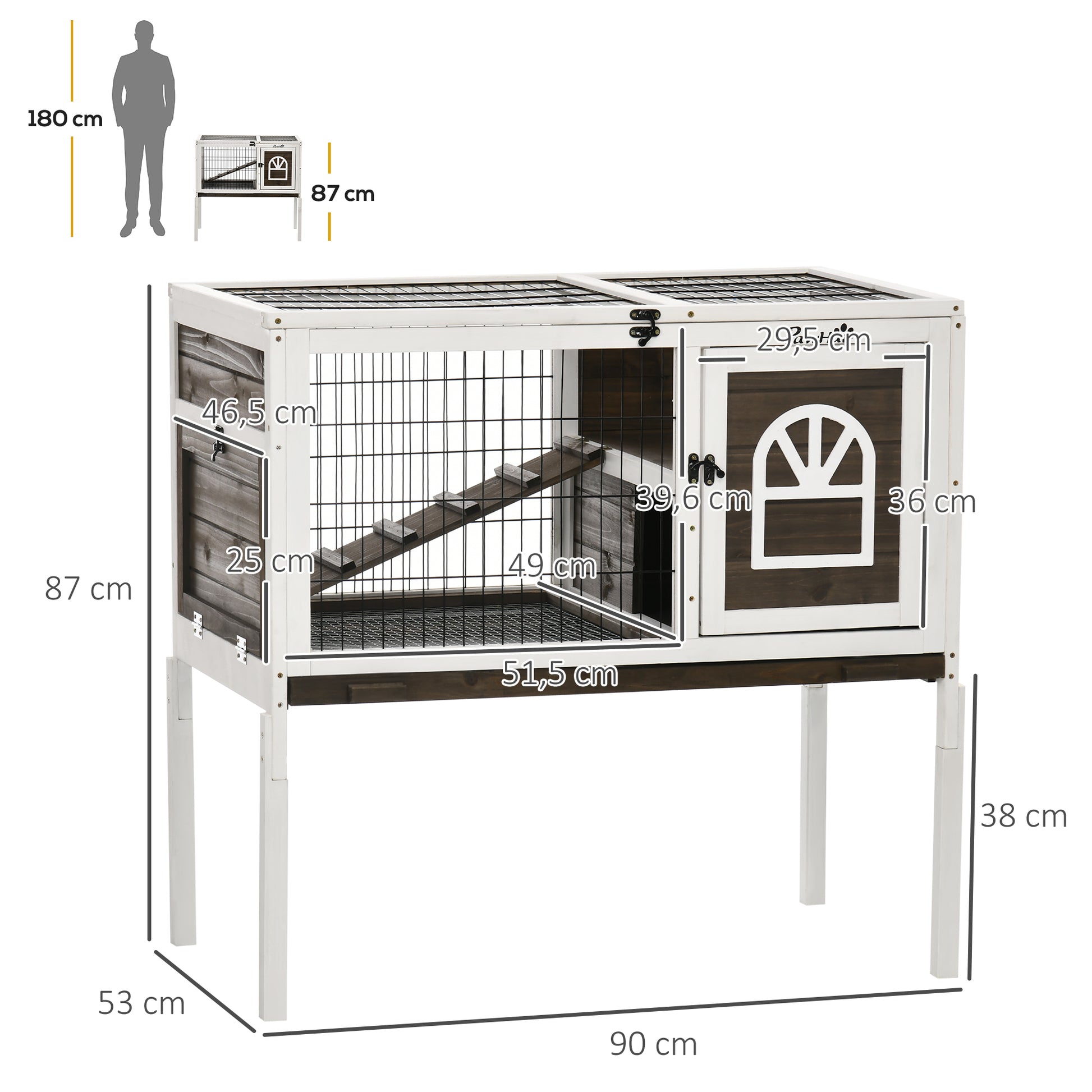 Pawhut Conejera De Madera Con Techo Abatible Puertas 90x53x87 Cm Marrón Y Blanco_2