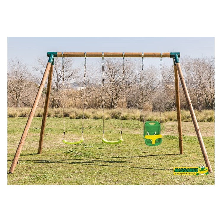 Columpio Triple De Madera Redonda Masgames Etna Xl + Asiento Bebe.