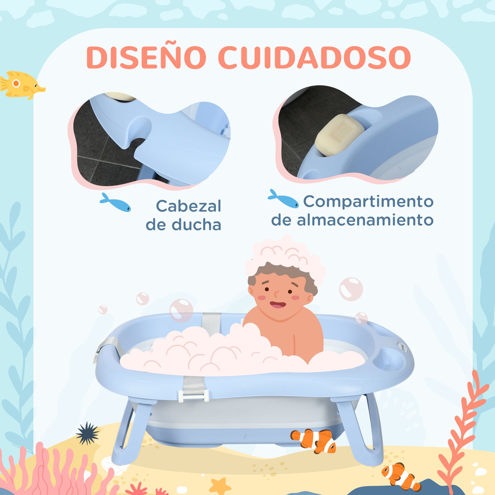 Zonekiz Bañera Plegable Bebé Con Cojín Agujero De Ducha 83x48x23,5 Cm Azul_5