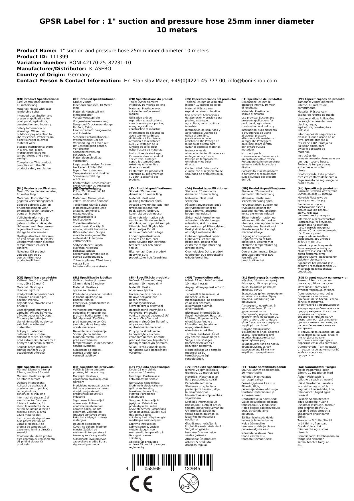 Manguera De Succión Y Presión 25mm, 10 Metros, Flexible