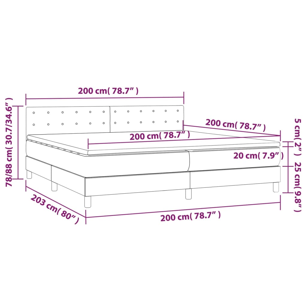 Cama Box Spring Con Colchón Y Led Tela Gris Oscuro 200x200 Cm / Vetonek_2
