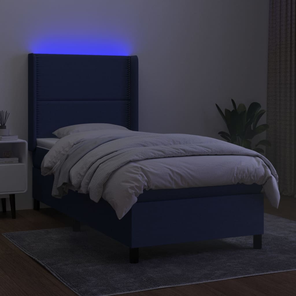 Cama Box Spring Colchón Y Luces Led Tela Azul 100x200 Cm / Vetonek_0