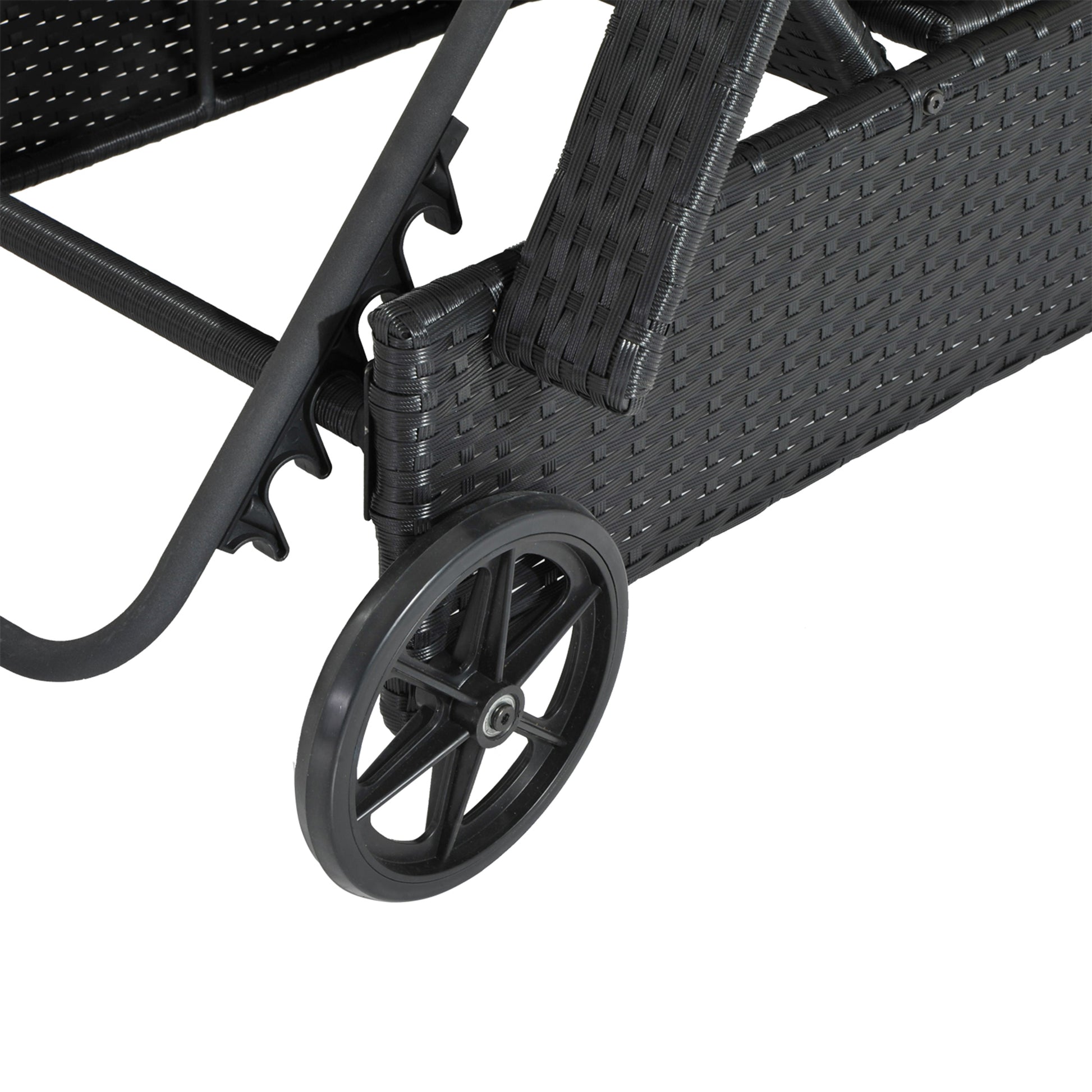 Outsunny Tumbona De Ratán Jardín Con Respaldo Ajustable Cojines 2 Ruedas Negro_3