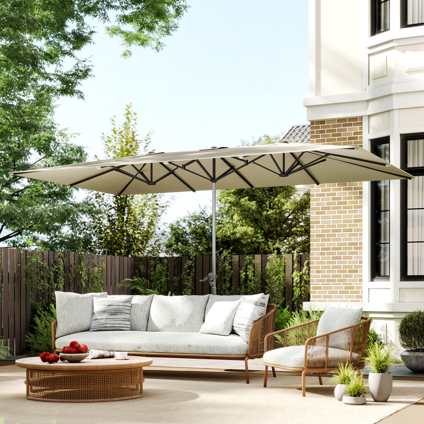 Outsunny Sombrilla Doble 4,5x2,6 M Con Manivela Impermeable Crema_1