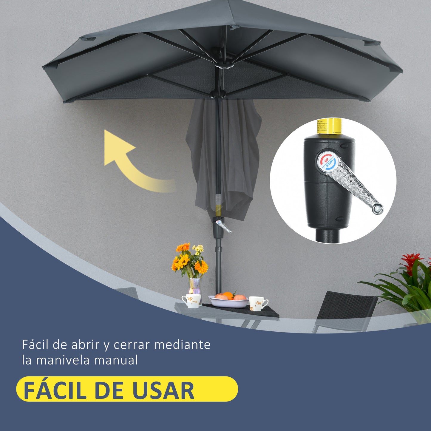 Outsunny Sombrilla De Pared Jardín 200x190x240cm Con Manivela Para Terraza Gris_4