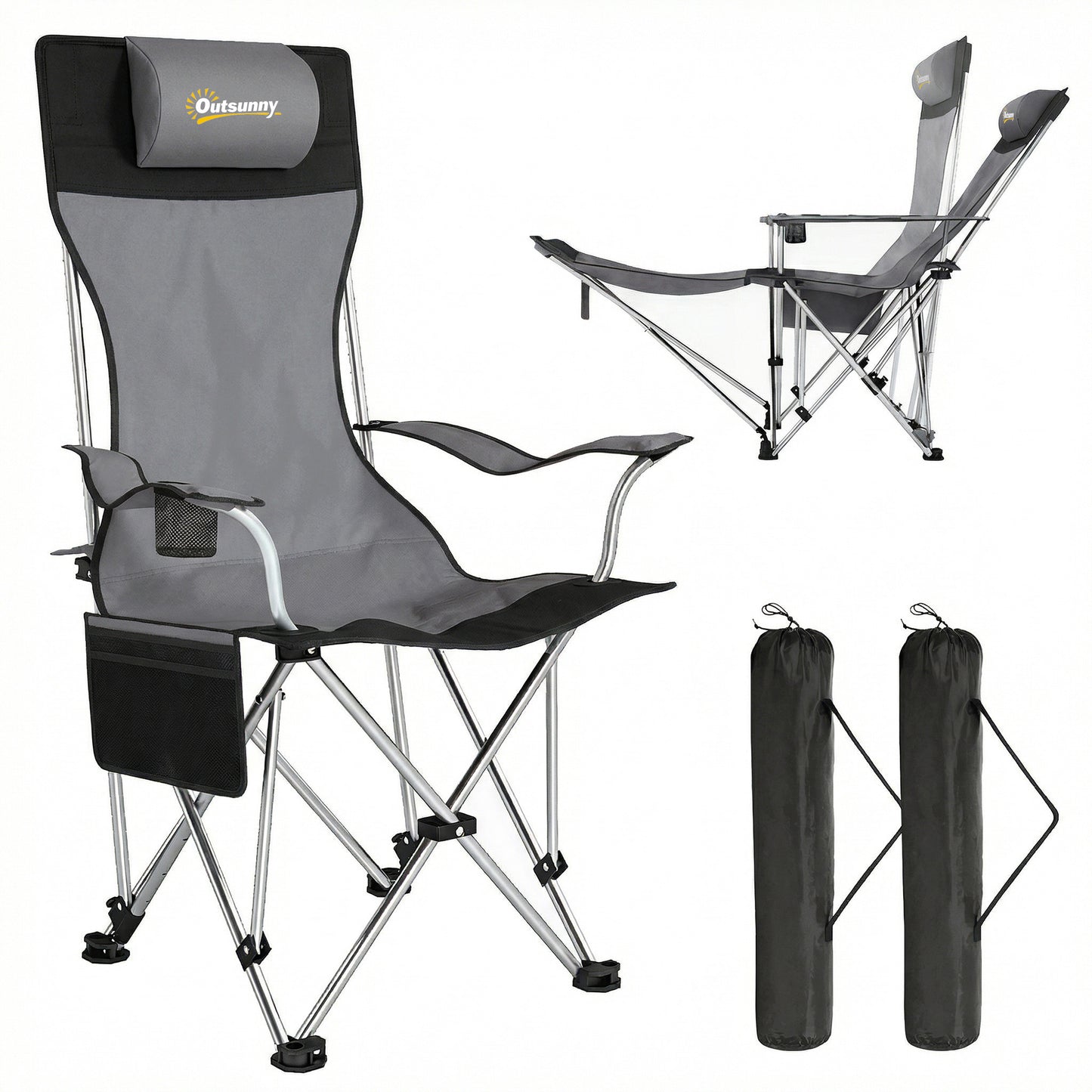 Outsunny Conjunto De 2 Sillas Plegables Camping Con Reposapiés Desmontable Gris_0