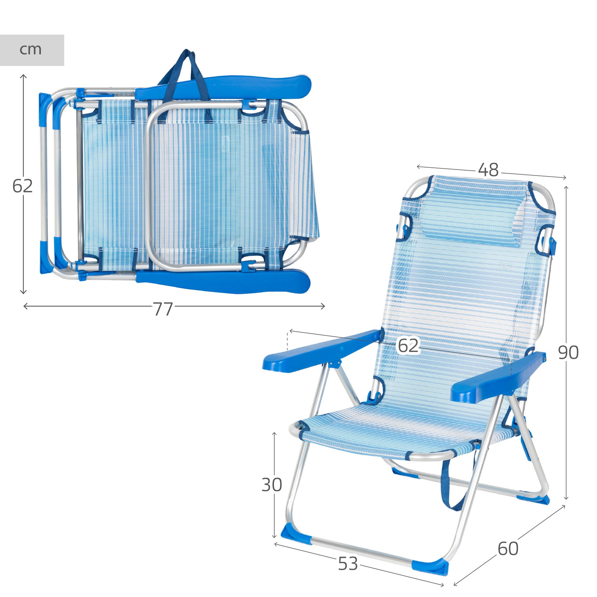 Aktive Pack 2 Sillas Plegables Playa 48x60x90 Cm Rayas Azul 5 Posiciones Con Cojín Y Asa_3