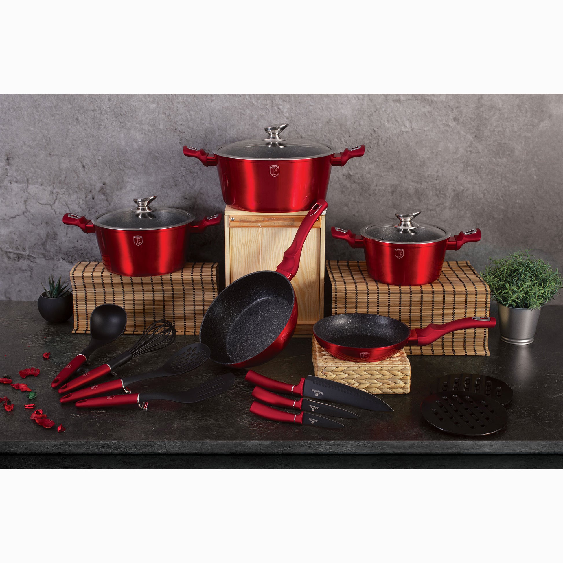 Batería Cocina Inducción 17 Piezas, Antiadherente Mármol Sin Pfoa, Aluminio, Cazuelas Sartenes Berlinger Haus Burgundy Rojo_2