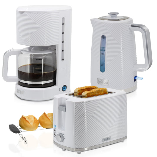Briebe Elegance Set Tostador Pan Ranura Ancha 2 Rebanadas, Hervidor Agua Eléctrico 1,7l Cafetera 1,25l,skt1178wht,blanco_0