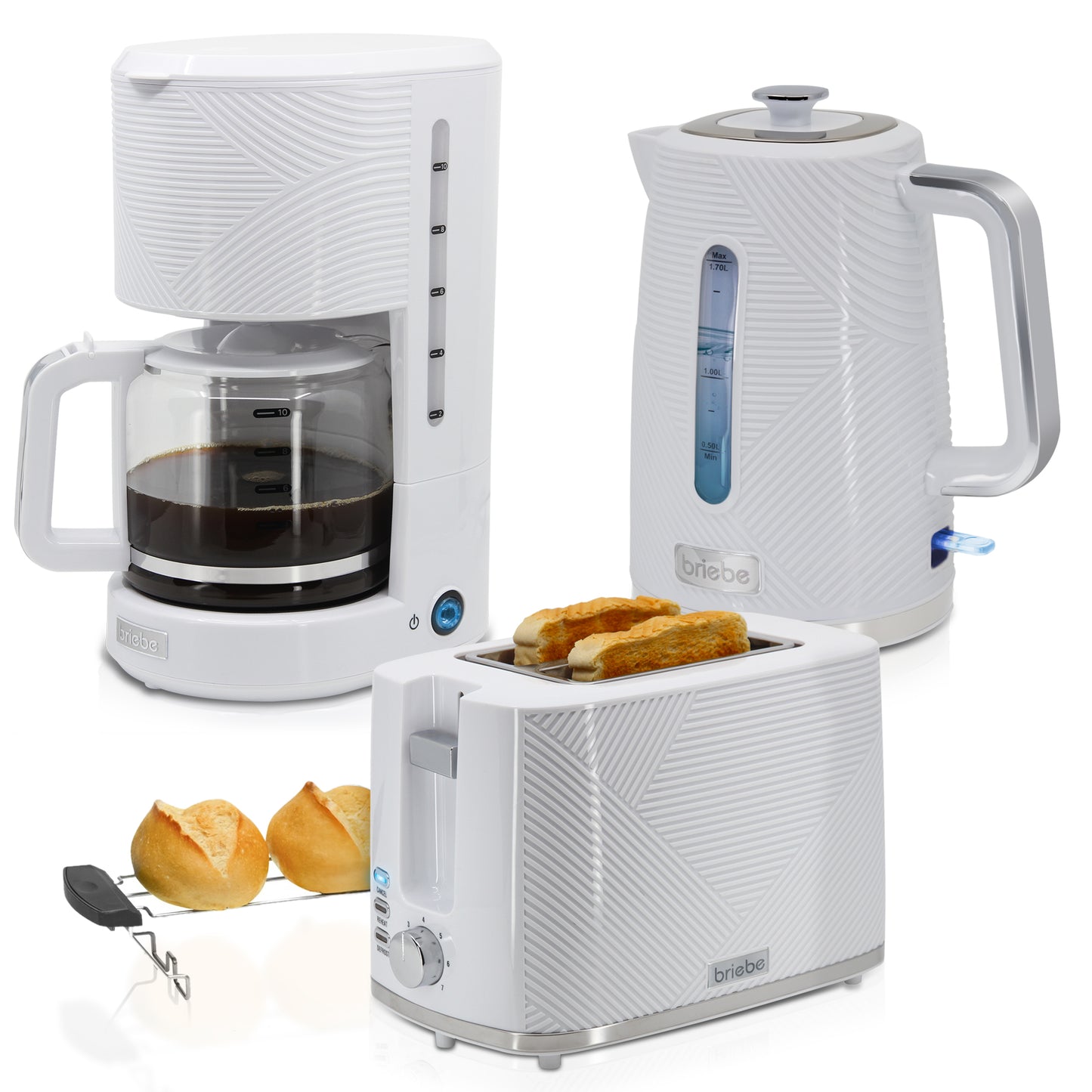 Briebe Elegance Set Tostador Pan Ranura Ancha 2 Rebanadas,hervidor Agua Eléctrico 1,7l Cafetera 1,25l,skt1178wht,blanco_0