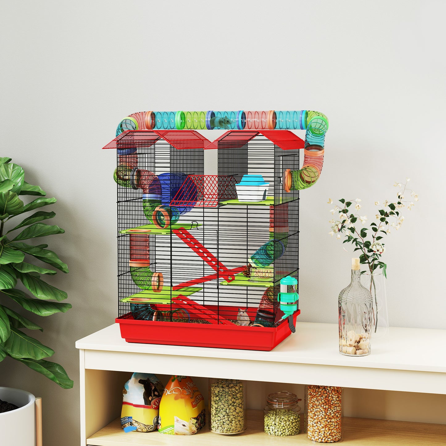 Pawhut Jaula Para Hámster De 5 Niveles 47x30x59 Cm Con Casita Escaleras Rojo_1