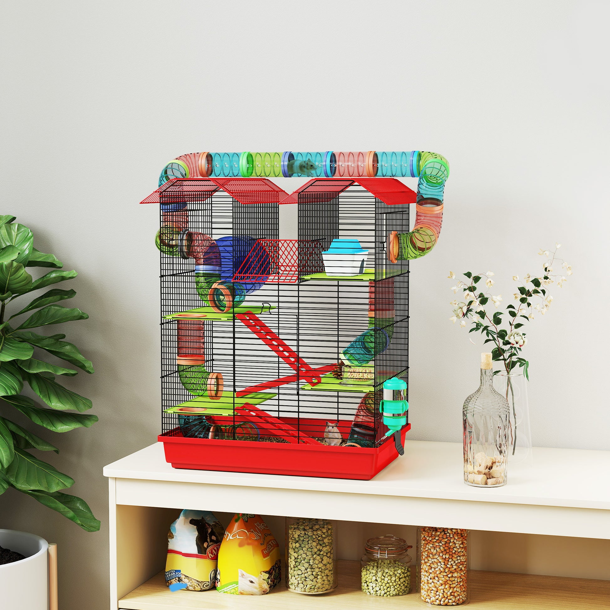 Pawhut Jaula Para Hámster De 5 Niveles 47x30x59 Cm Con Casita Escaleras Rojo_1