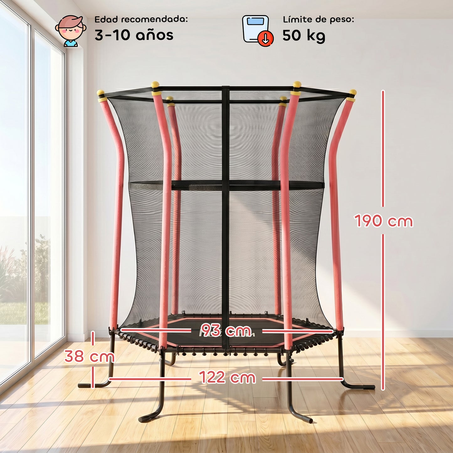 Homcom Cama Elástica Infantil De Jardín 122x111x190 Cm Carga 50 Kg Negro Y Rojo_2