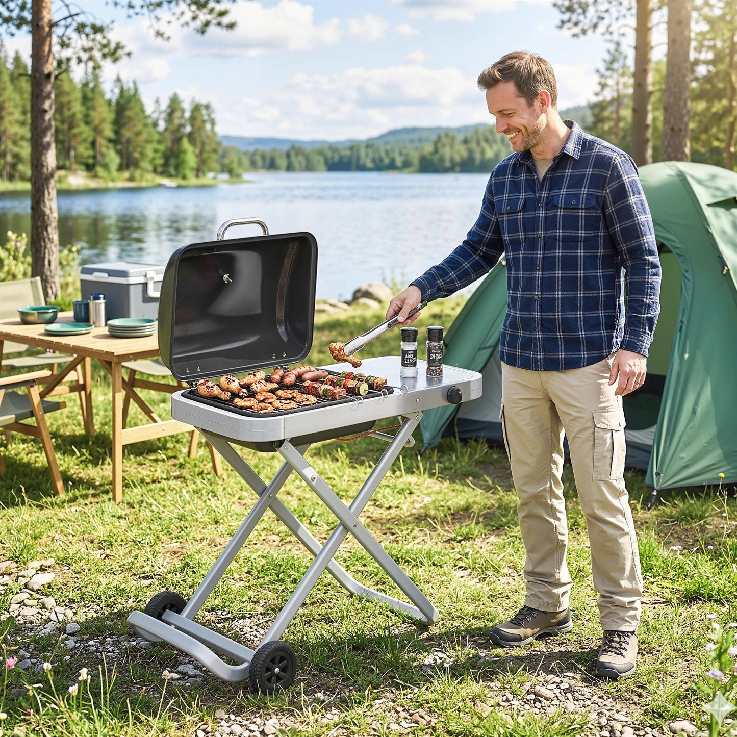 Outsunny Barbacoa De Gas Plegable Con Quemador 2,5 Kw Con Ruedas Mesa Lateral_4