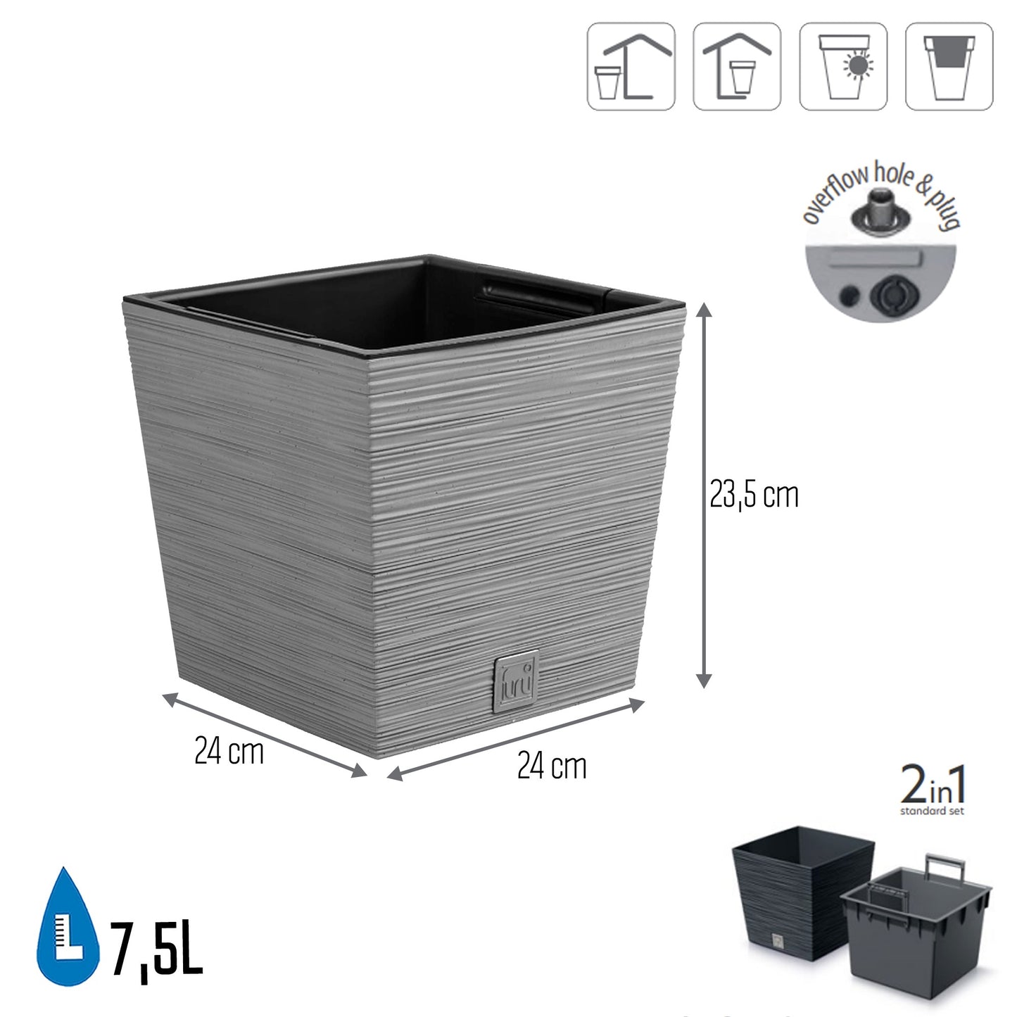 Macetero Color Cemento, Con Depósito, Colección Furu, De 24 X 24 X 23,5 Cm, Capacidad De 7,5 L._1