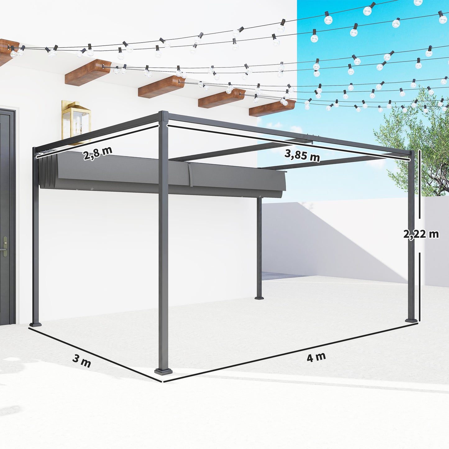 Outsunny Pérgola Con Techo Retráctil 4x3 M Resistente Al Agua Gris Oscuro_2