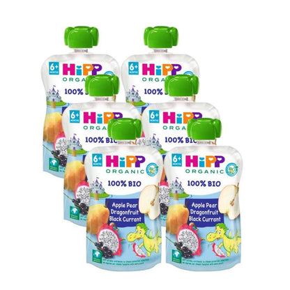 Pack 6 uds Pouches Dragón (Manzana, Pera, Fruta Dragón y Grosella) Bio HiPP