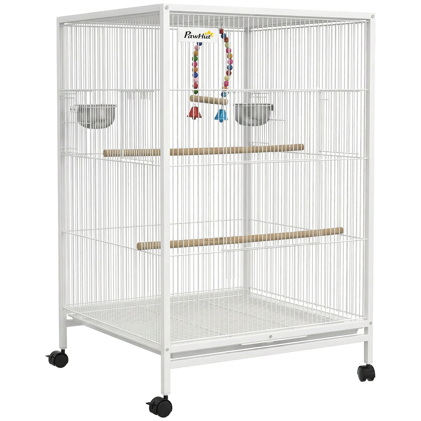 Pawhut Jaula Para Pájaros Con Ruedas Comederos Perchas 48x46x78 Cm Blanco_0