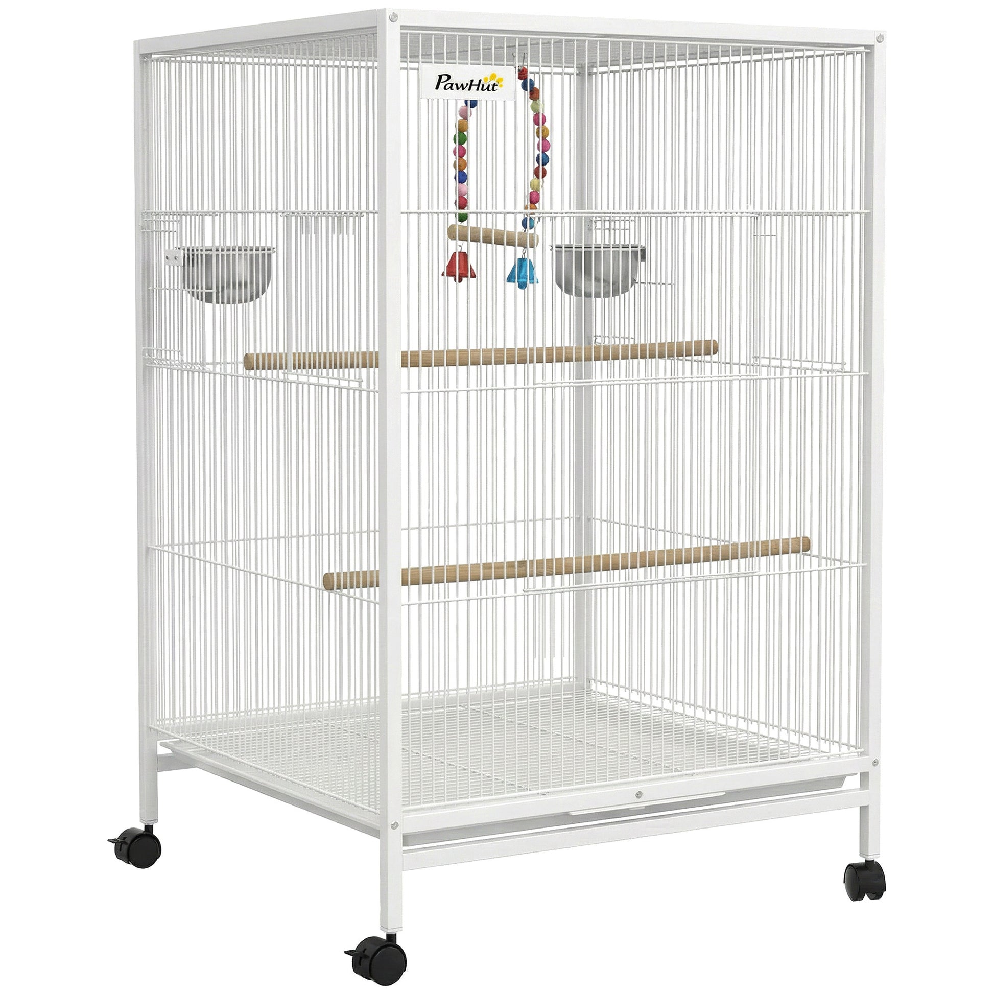 Pawhut Jaula Para Pájaros Con Ruedas Comederos Perchas 48x46x78 Cm Blanco_0