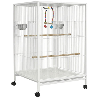 Pawhut Jaula Para Pájaros Con Ruedas Comederos Perchas 48x46x78 Cm Blanco_0