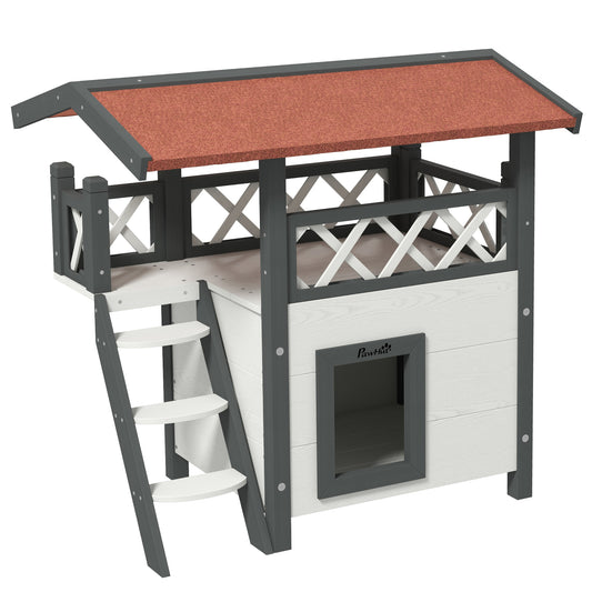 Pawhut Casa Para Gatos De Madera 77x50x73 Cmcon Techo Asfáltico Escalera Blanco_0