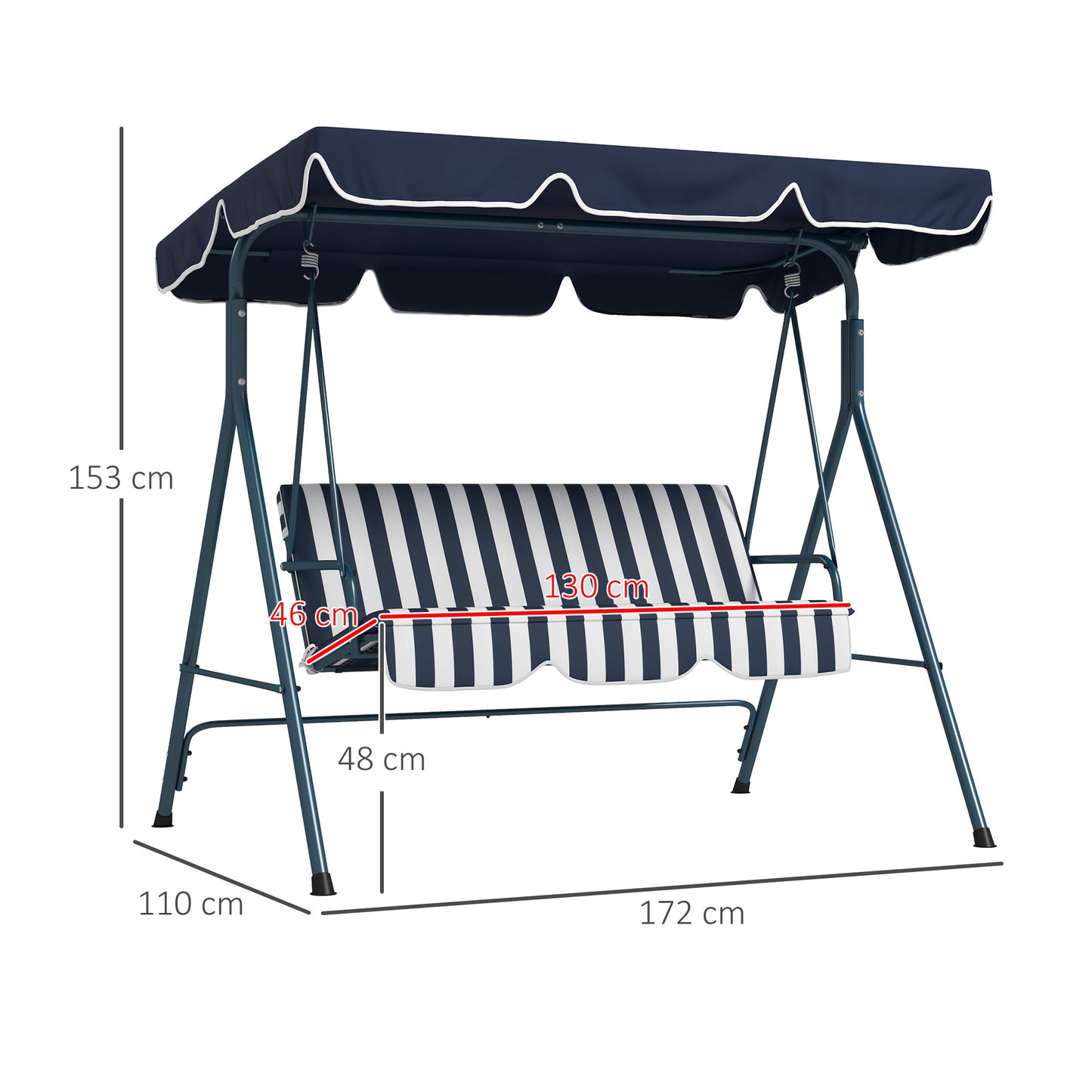 Outsunny Columpio Balancín De Jardín Exterior 3 Plazas 172x110x153 Cm Raya Azul_2