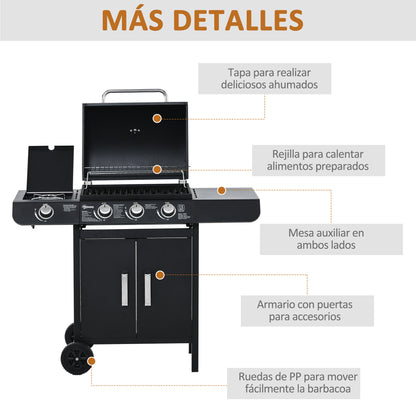 Outsunny Barbacoa De Gas Bbq Con Ruedas Parrilla 3+1 Quemadores 11,6 Kw 2 Mesas_5