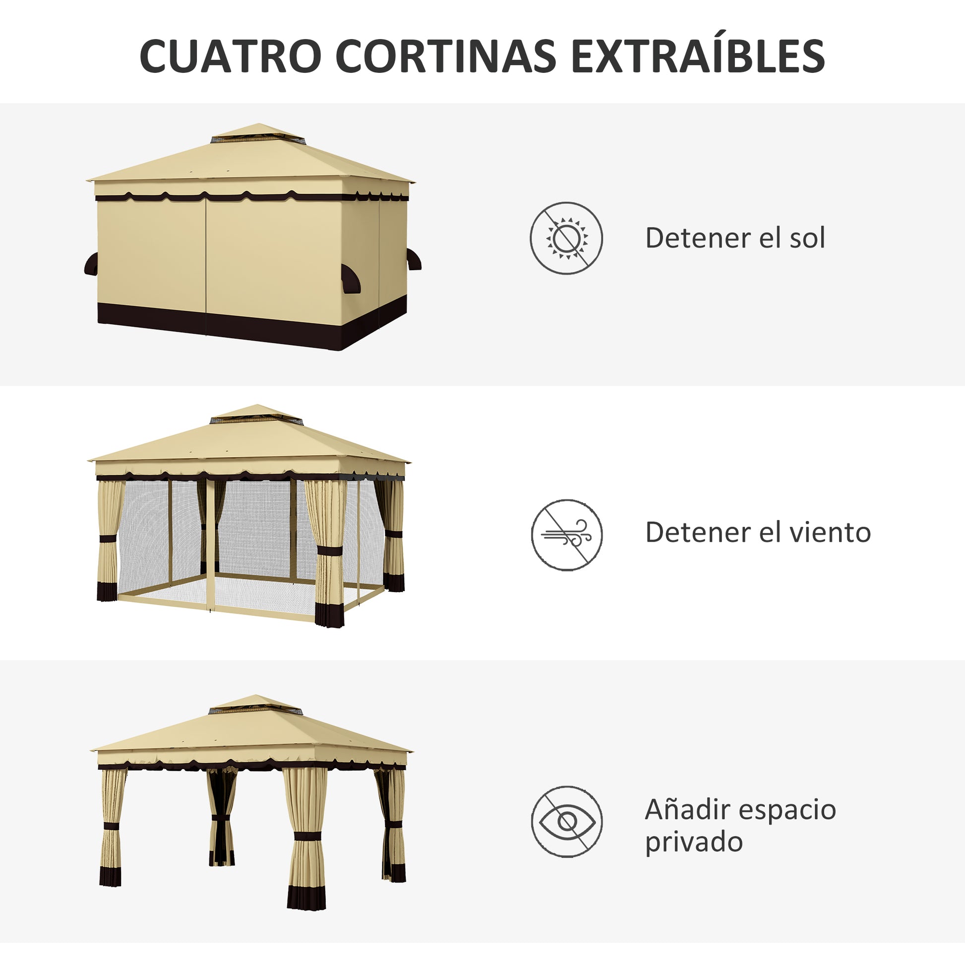 Outsunny Cenador De Jardín 370x300x275 Cm Con 4 Paredes Laterales Beige_5