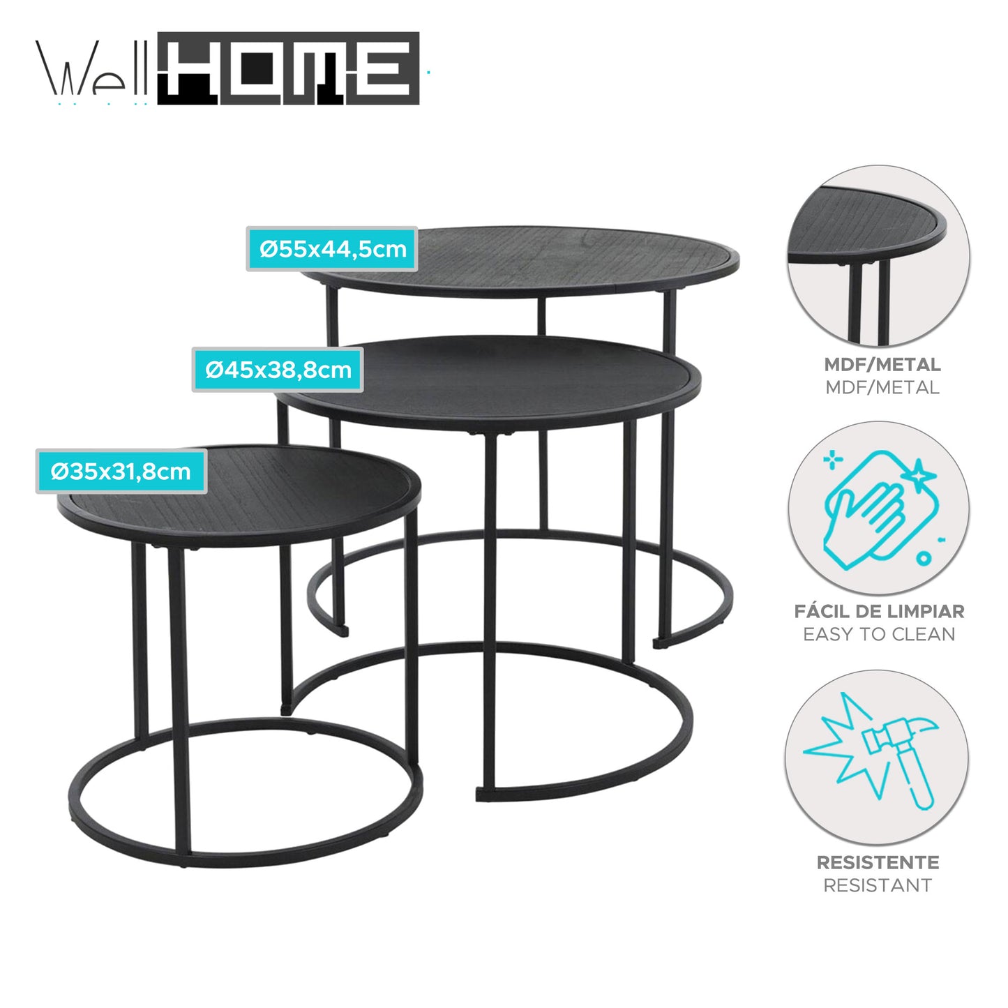 Well Home Juego De 3 Mesas Nido En Metal Melamina Color Negro Ø35ø45ø55cm