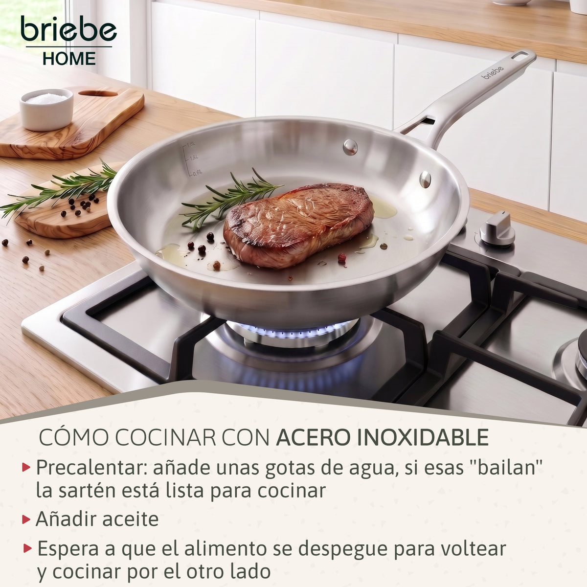 Briebe Pure Inox Juego De 3 Sartenes Acero Inoxidable Inducción 20-24-28 Cm, 3 Capas Tri-ply, Sin Antiadherente_5