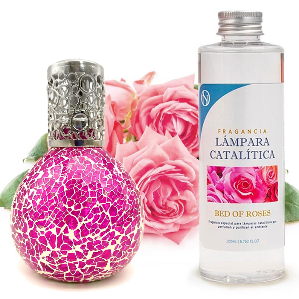 Lámpara Catalítica Mosaico Fucsia + Aroma Bed Of Roses 500ml - Elimina Olores, Perfuma Y Mejora La Calidad Del Aire_0