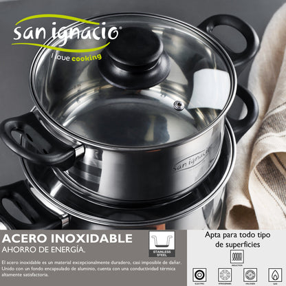 San Ignacio Set Batería De Cocina De 8 Piezas Acero Inoxidable + 3 Sartenes Ø16/20/24 Cm Aluminio Prensado, Aptas Para Inducción