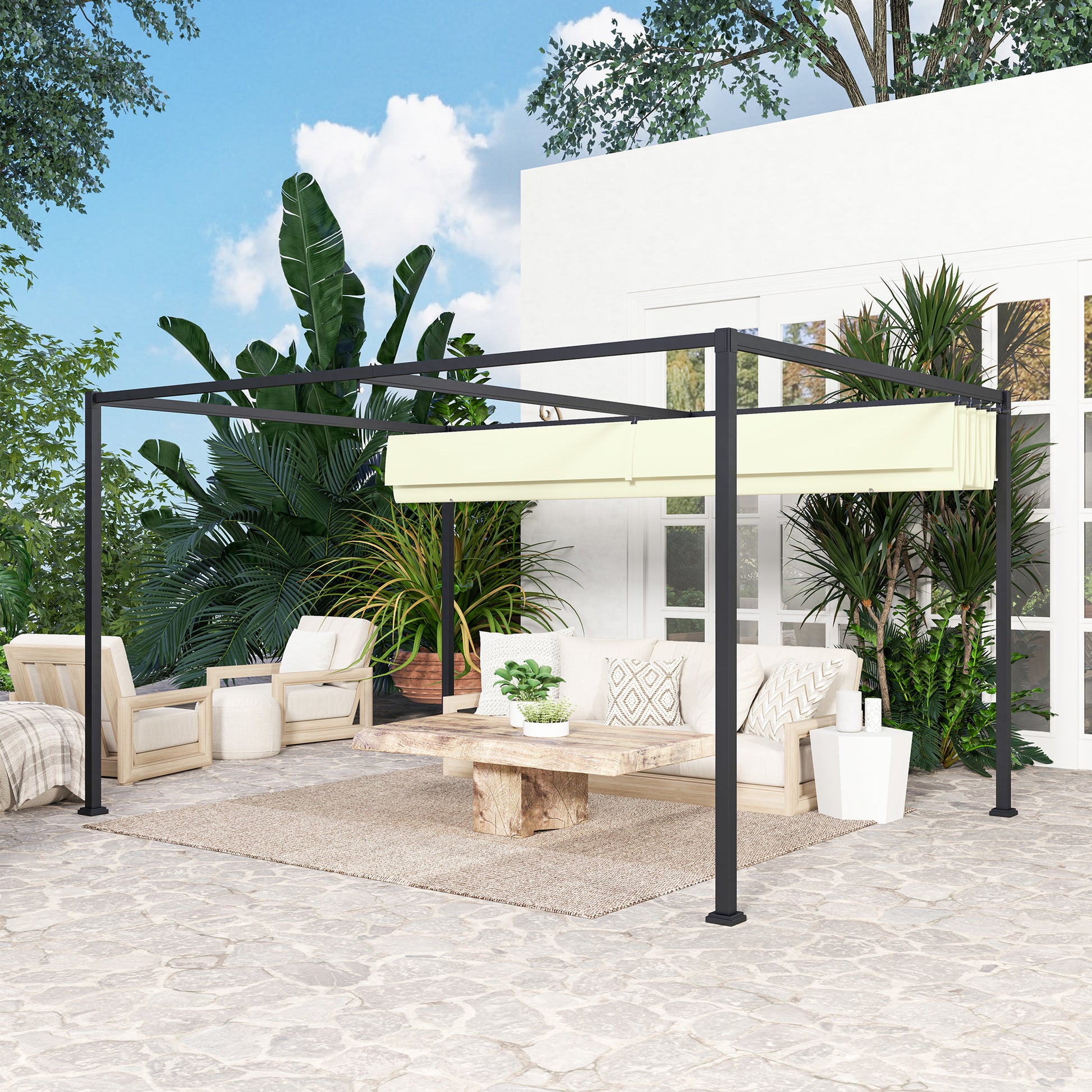 Outsunny Pérgola Con Techo Retráctil 4x3 M Resistente Al Agua Crema_3