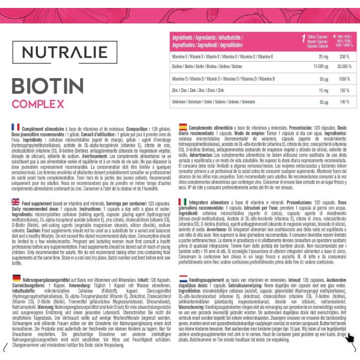 Nutralie Biotina complex 10000 mcg pelo, piel, uñas, 120 cápsulas