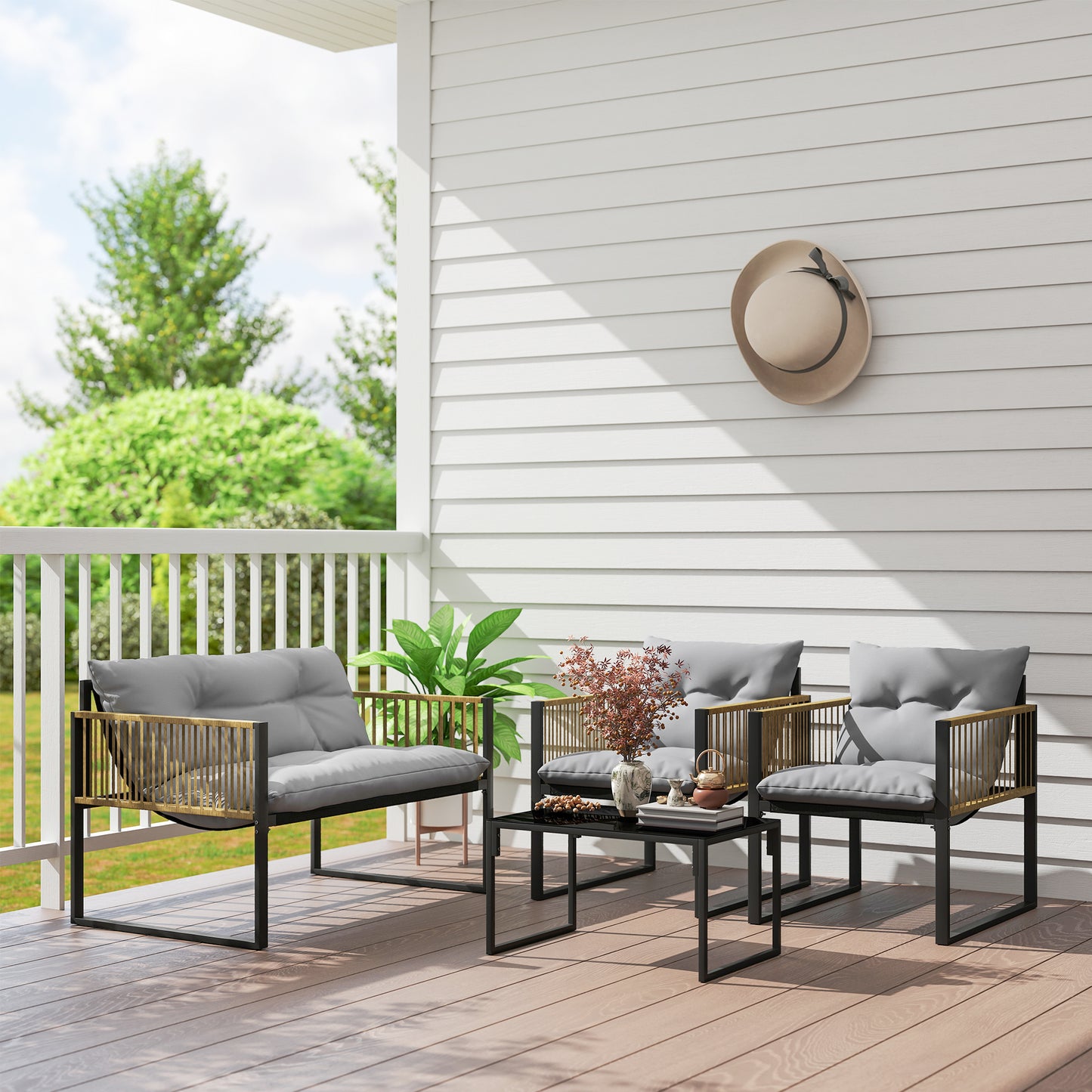 Outsunny Conjunto De Jardín Exterior De Ratán Sintético De 4 Piezas Gris Natural_4