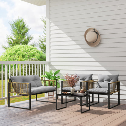 Outsunny Conjunto De Jardín Exterior De Ratán Sintético De 4 Piezas Gris Natural_4