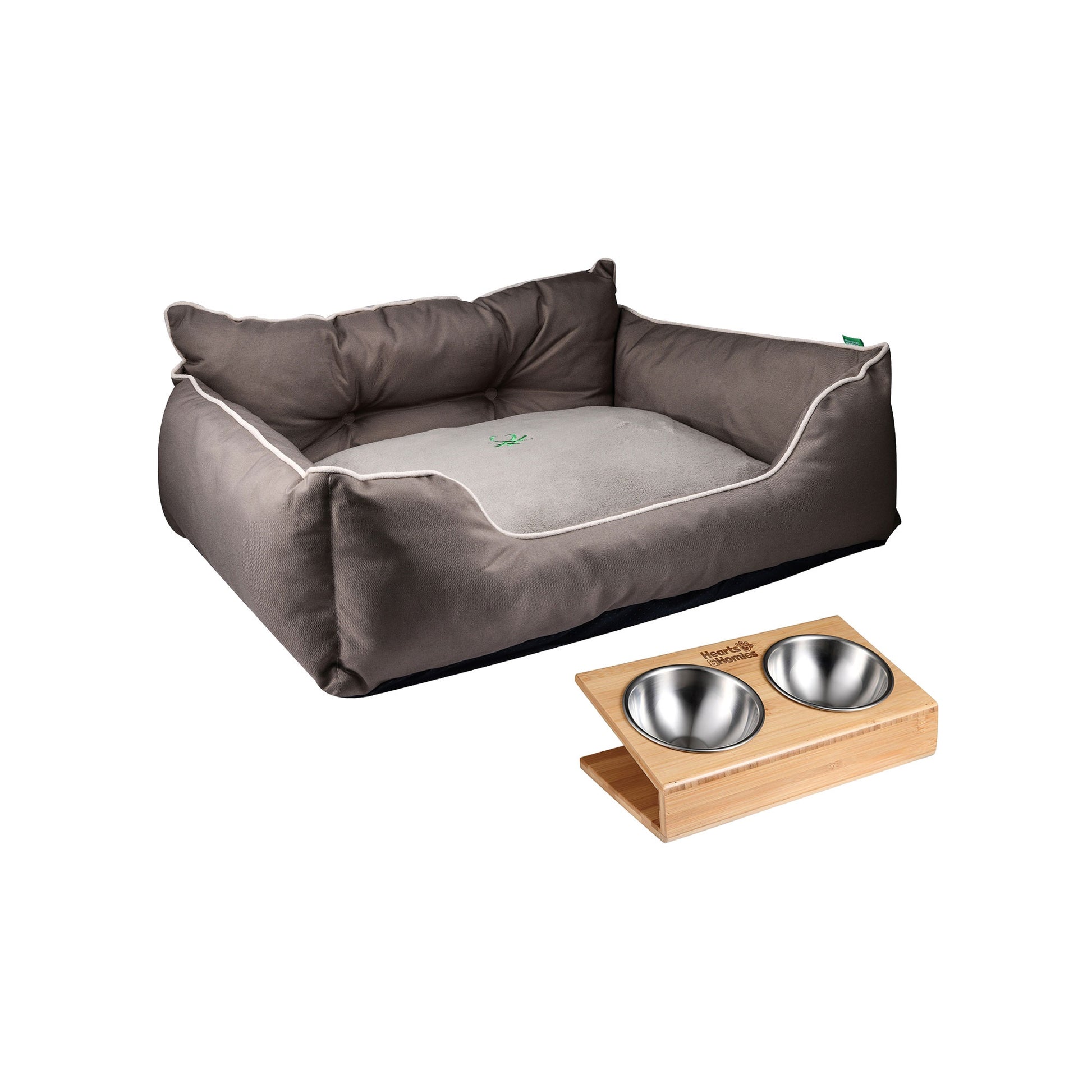 Cama Para Mascota 50x40x18cm Marrón + Comedero Doble De Acero En Bambú_0